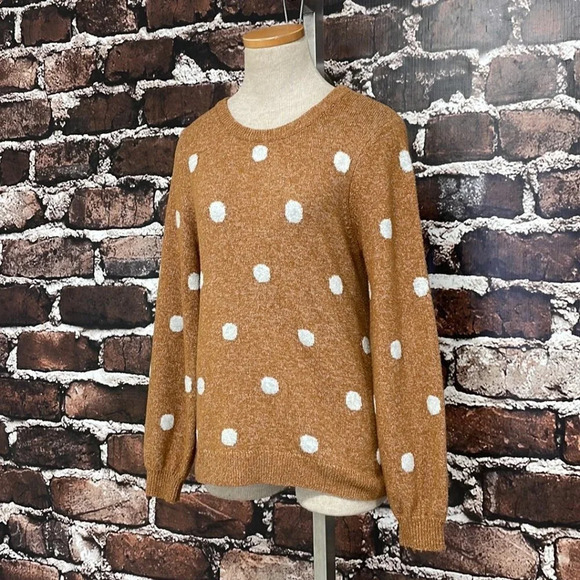 Lucky Brand Sweater Pullover Polka Dot Balloon Sleeves Brown White Size Small S - Picture 6 of 13